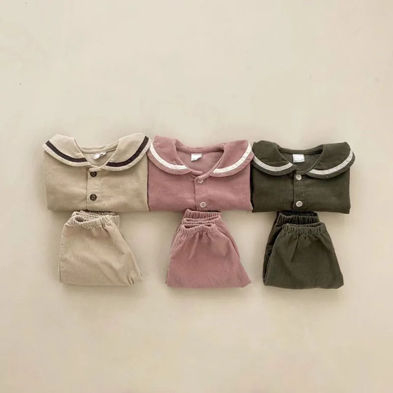 

2022 Autumn New Baby Navy Collar Clothes Set Children Casual Long Sleeve Lapel Jacket + Pants 2pcs Suit Cotton Boy Girls Outfits