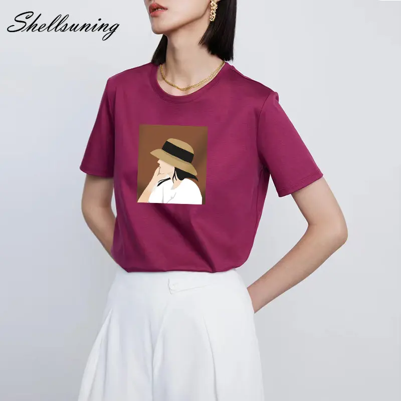 

Shellsuning New Simple Soft 100% Cotton T Shirt Women Vintage Harajuku Graphic Printed Tees Female Casual All-match O Nck Tops
