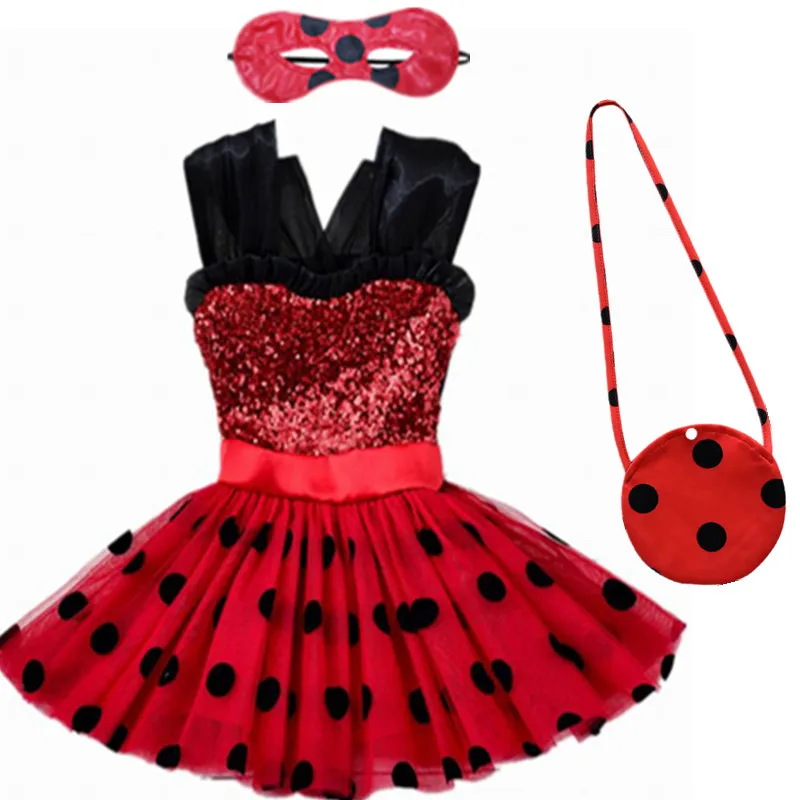 Carnival Lady Bug Cosplay Girls Dress Summer Clothes Ladybug Party Dress Children's Day Lace Dot Baby Girls Dresses