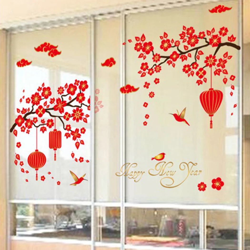 

2022 Chinese New Year Sticker Spring Festival Decoration 60x90cm PVC Red Lanterns Flower Wall Stickers Window Door Home Decor