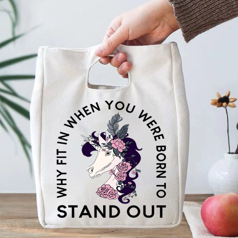 

Why Fit In When You Were Born To Stand Out Cartoon Print 2022 Lunch Bags for Women Portable Fridge Bag Tote Cooler Special Bags