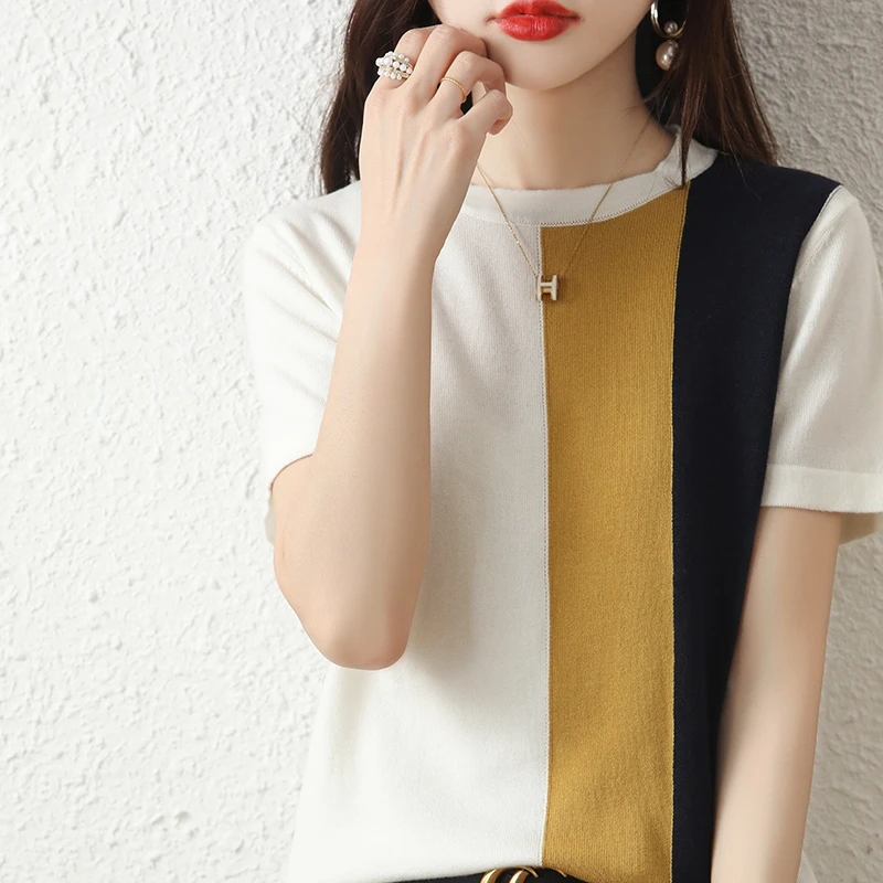 

Женский вязаный свитер из 100% хлопка, элегантный пуловер с коротким рукавом и круглым вырезом, женский джемпер, футболка с вышивкой, пальто, одежда