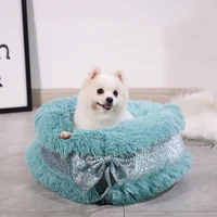 cute cat beds pet dog warm bed luxury bowknot decoration fluffy round house soft long plush bed dog basket animals sleeping bed