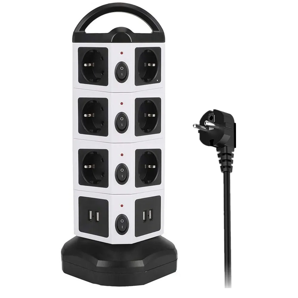 

TESSAN Vertical Multi-tap Power Strip EU KR Plug Tower Socket with Independent Switches 6/10/14 Sockets 4 USB 2M Extension Cable