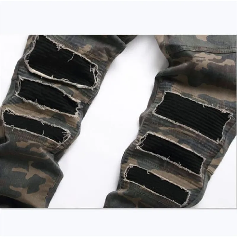 New Slim Fit Street Fashion Men's Jeans with Broken Holes, Folded Patches, and Mid Waist Camo Feet Pants