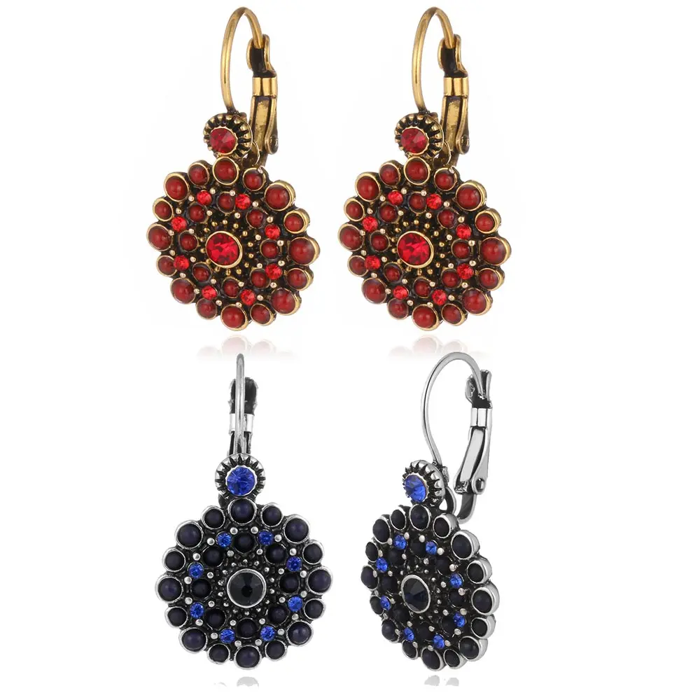 

Shineland 2023 New Vintage Ethnic Red Black 2 Color Flower Brincos Lady Charms Rhinestones Drop Earrings For Women Bijoux Gift