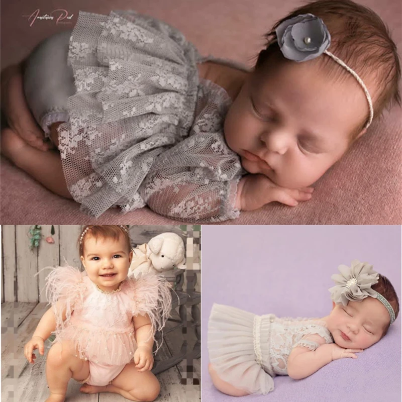 Dvotinst Newborn Baby Girls Photography Props Lace Outfits Dress Headband Hat 2-piece Set Fotografia Studio Shoot Photo Props