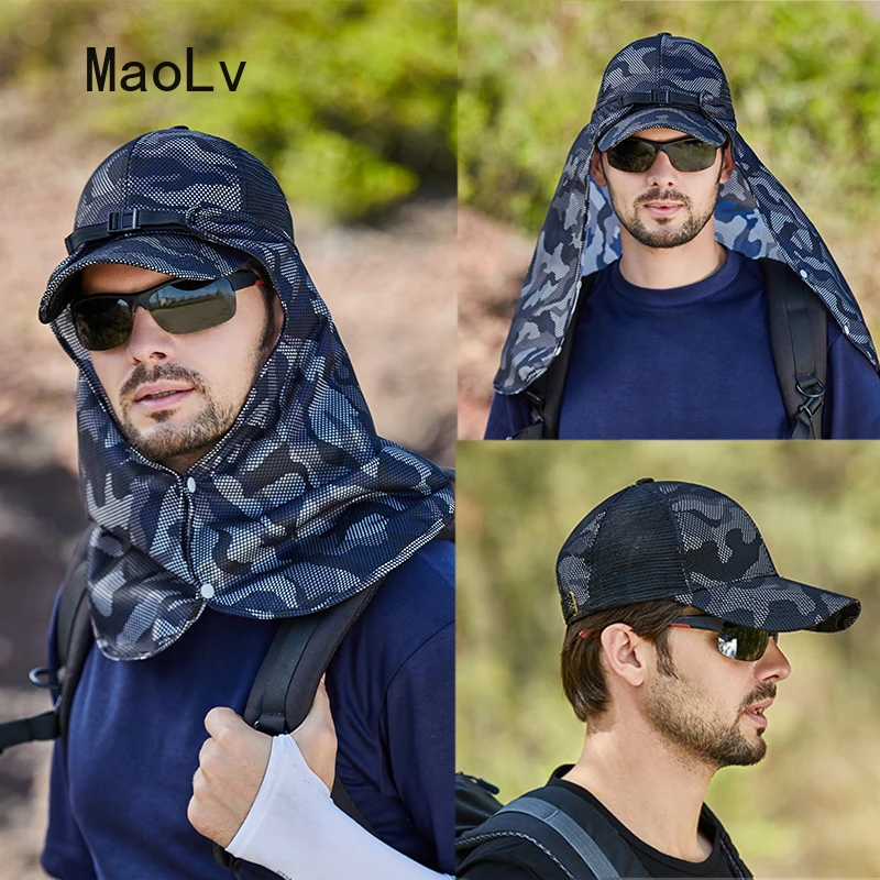 Men Camouflage Baseball Cap Summer Removable Shawl Neck Protection Face Mask Sun Hats Hunting Climbing Fishing Visor UV Hat