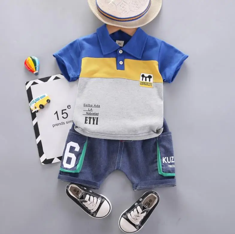 

Active Children Suits summer baby boys clothes patchwork lapel T-shirts+denim shorts 2pcs kids outfits Toddler bebes costume