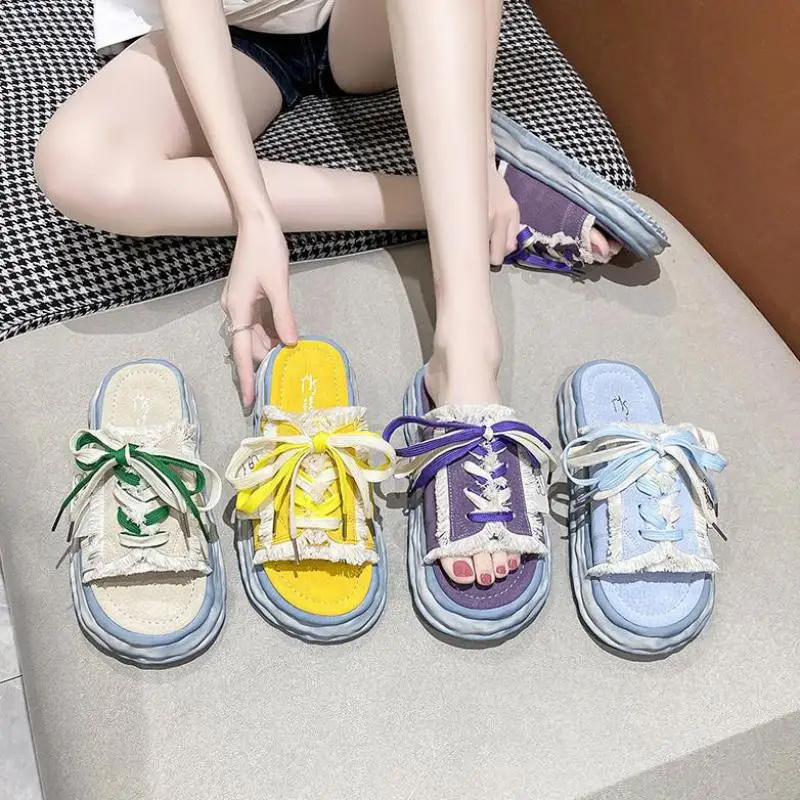 

Fashion Tribal Cartoon Purple Slippers For Women's Outer Wear 2022 Summer New Korean Style Dissolving Sponge Cake Thick Bottom