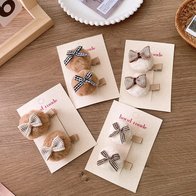 

1 Pair Winter Cute Plush Ball Hairpins for Girl Kids Hair Accessories Fashion Children's Lattice Bow Fabric Hair Clip Headwear