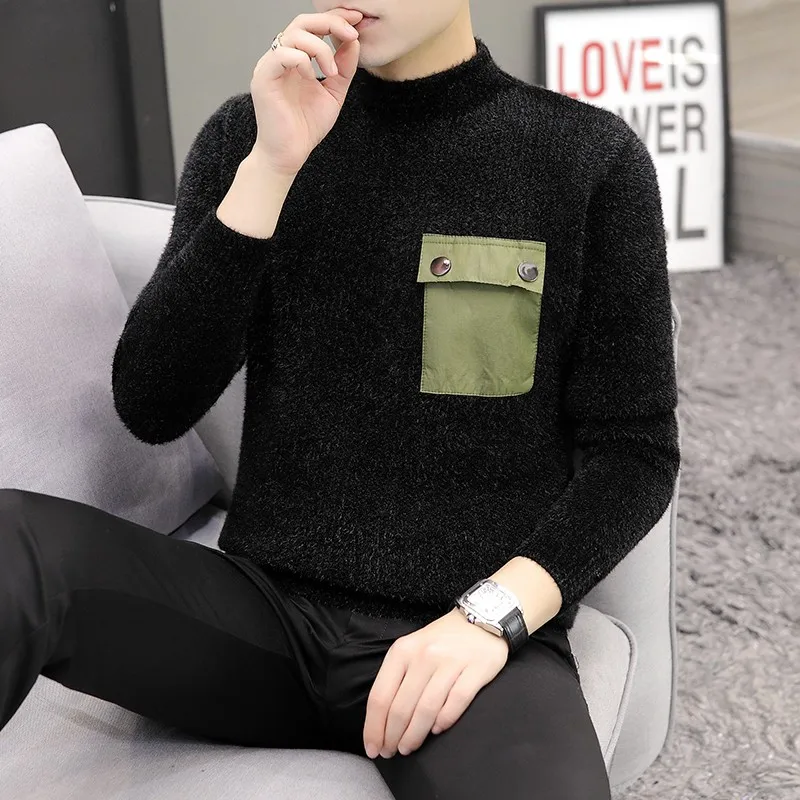 New Winter Top Quality Half high collar Men Sweater Thick Warm Pullover Casual pocket Mens Sweaters High Neck Knit Male Jump | Мужская