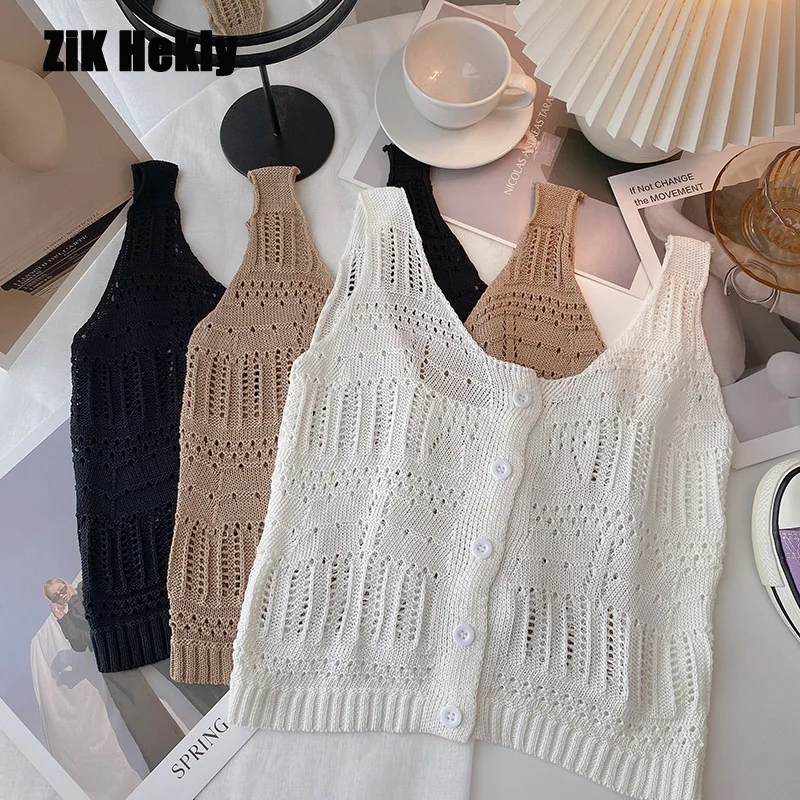 Купи Zik Hekiy Women Knitted Hollow Sleeveless Camisole Tank Tops Women Summer Year New Outer Wear Cardigan Tops за 529 рублей в магазине AliExpress