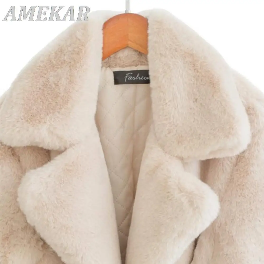 Women Winter High Quality Faux Rabbit Fur Coat Luxury Long Fur Coat Loose Lapel OverCoat Thick Warm Plus Size Female Plush Coats