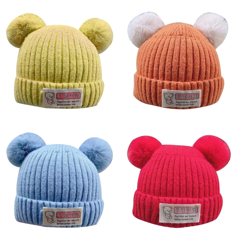 

Baby Knitted Beanie Hat Furry Balls Hat Double Pom Beanie Hat for Child