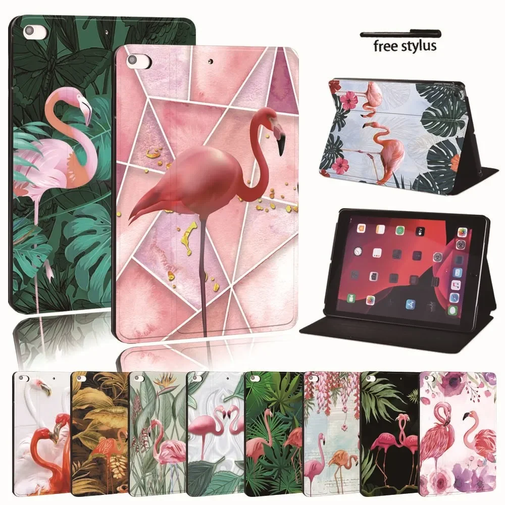 

iPad 2 3 4 5 6 7/iPad mini /Air 1 2 3 10.5"/Air 4 3 2 1 Pro 11 2018 2020 Printed flamingo PU Leather Tablet Stand Cover Cas