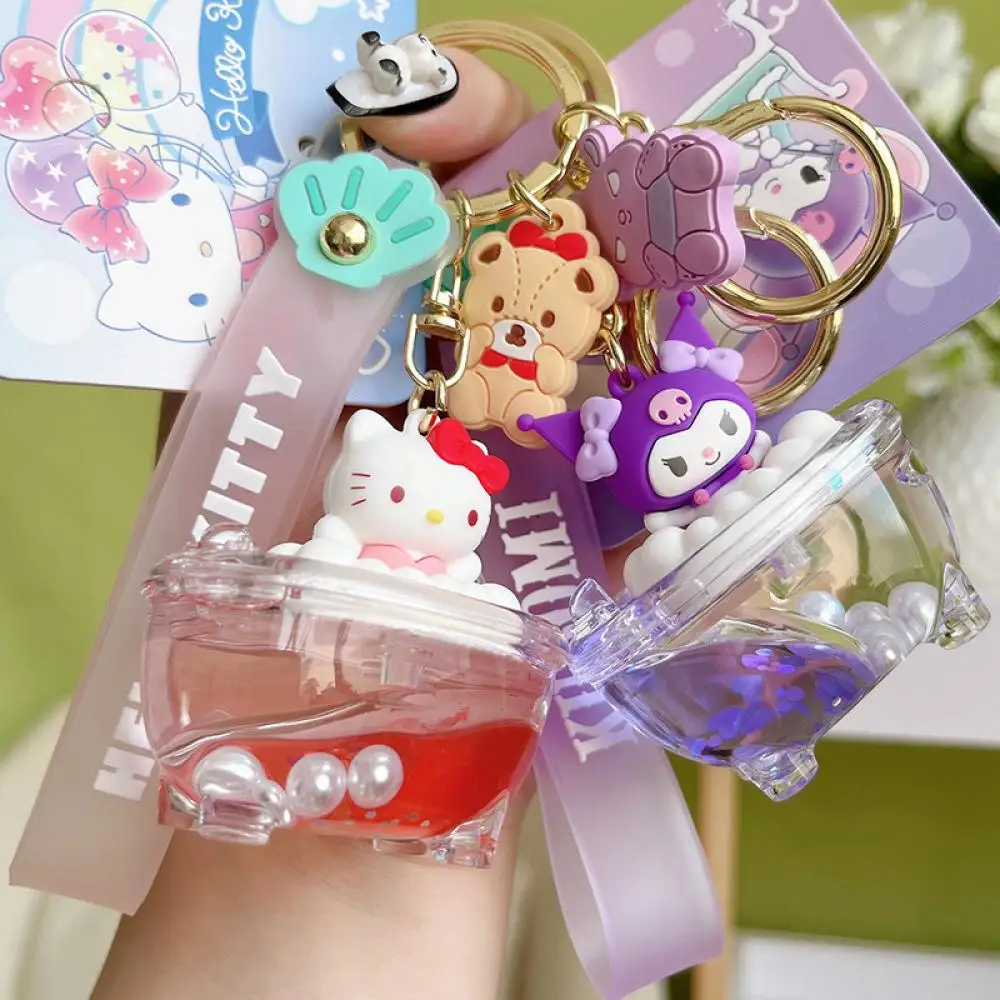 

New Keyring Sanrio Hello Kitty Kuromi Acrylic Keychain Bubble Bath Key Chain Cinnamoroll Melody Quicksand Pendant Bag Kids Gift