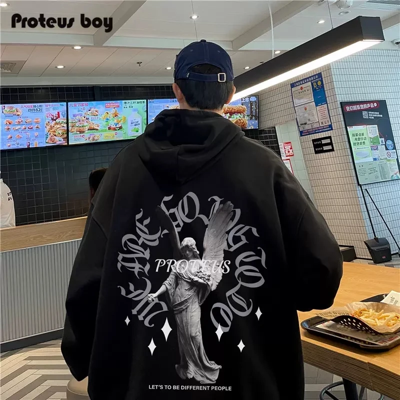 

Autumn And Winter New Men's Cotton Oversized Premium Texture Hoodie Retro Angel Statue Pattern Print Hoodie Free Shipping