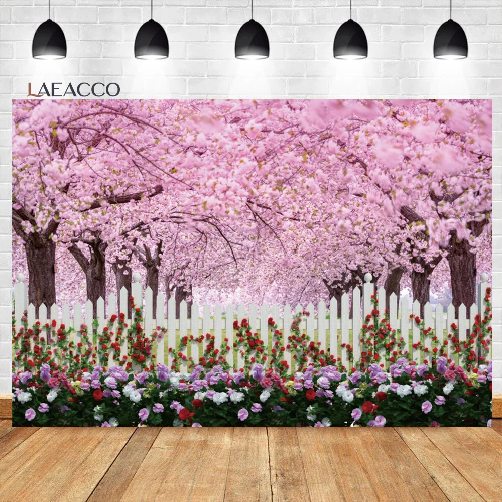 

Laeacco Spring Blossom Cherry Photography Backdrop Sweet Sakura Fence Flowers Girls Wedding Birthday Portrait Photo Background