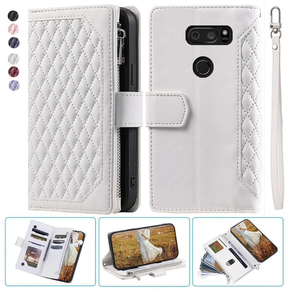 

For LG V30S ThinQ Fashion Small Fragrance Zipper Wallet Leather Case Flip Cover Multi Card Slots Cover Folio with Wrist Strap