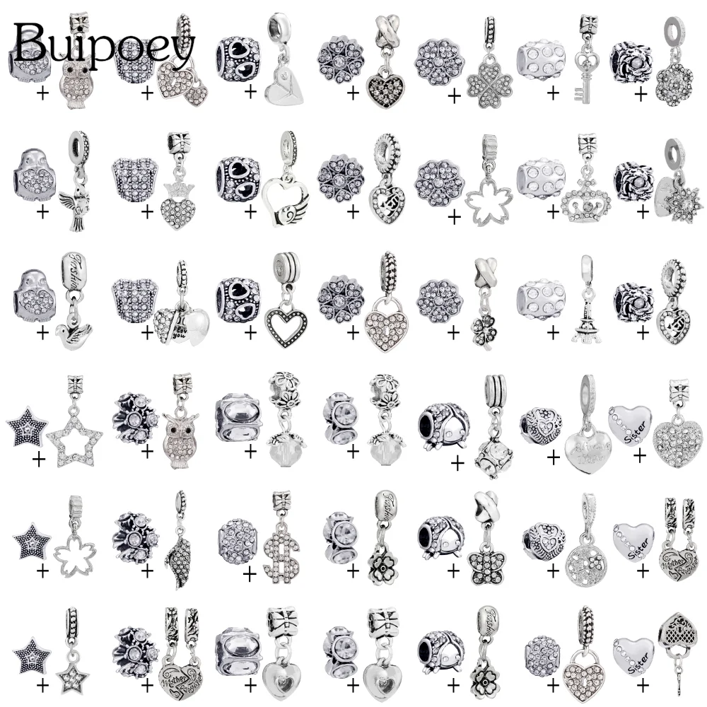 

Buipoey 2pcs/lot Silver Color Rhinestones Heart Beads & Owl Charm Crown Pendant Diy Bracelet Necklace Accessory Gifts