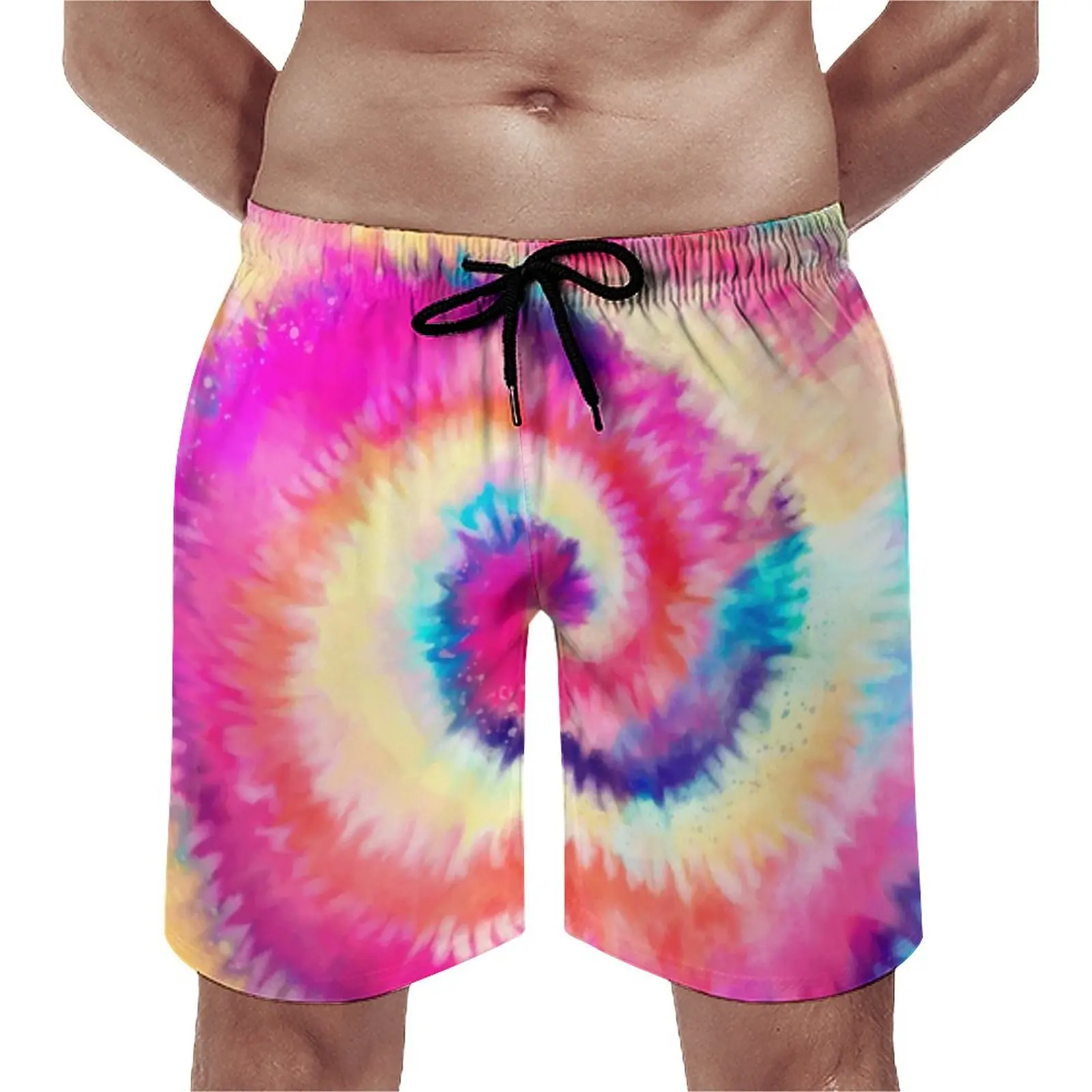 

Summer Gym Shorts Rainbow Swirl Running Surf Ombre Tie Dye Pattern Beach Shorts Hawaii Quick Drying Beach Trunks Plus Size
