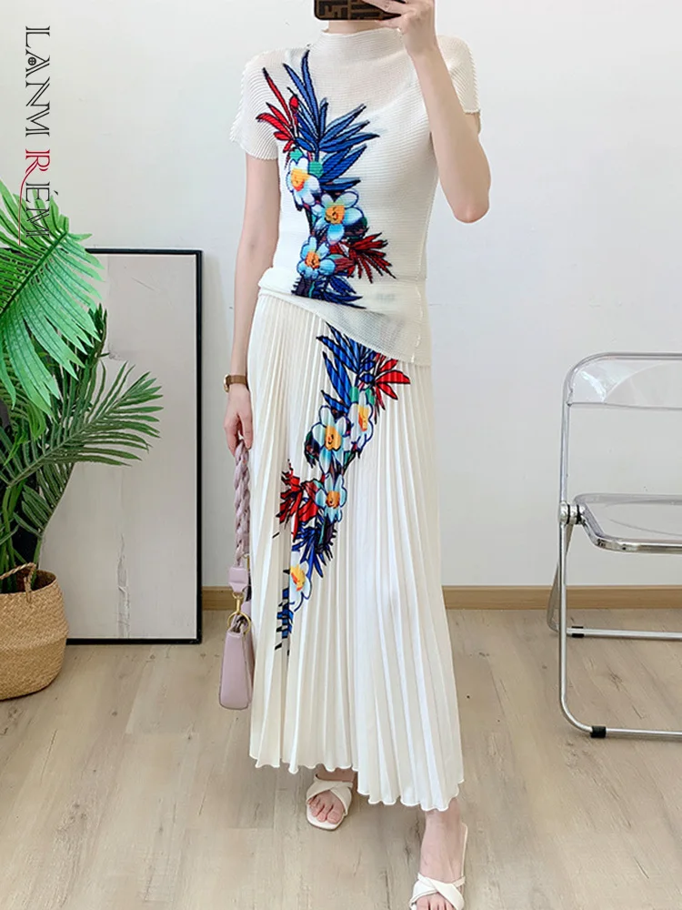 

Женский плиссированный комплект из 2 предметов LANMREM, элегантный топ с круглым вырезом и короткими рукавами, юбка с высокой эластичной талией, 2YA2176