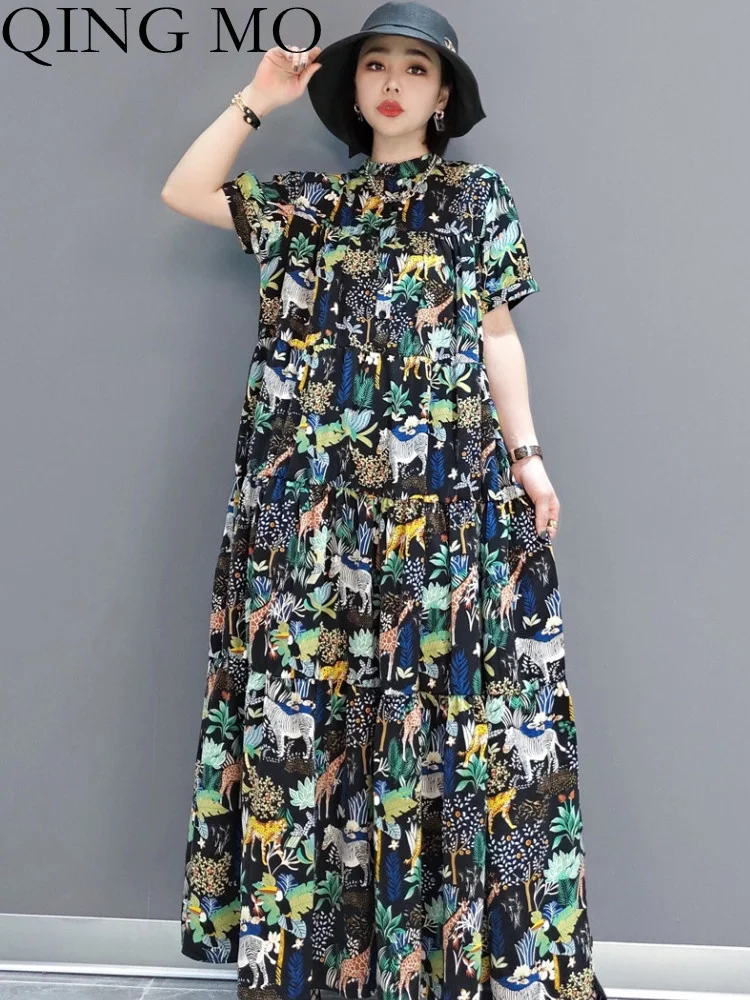 QING MO 2023 Spring Summer New Fashion Dress Floral Printed Chiffon Slim Long Dress Women Streetwear ZXF1159