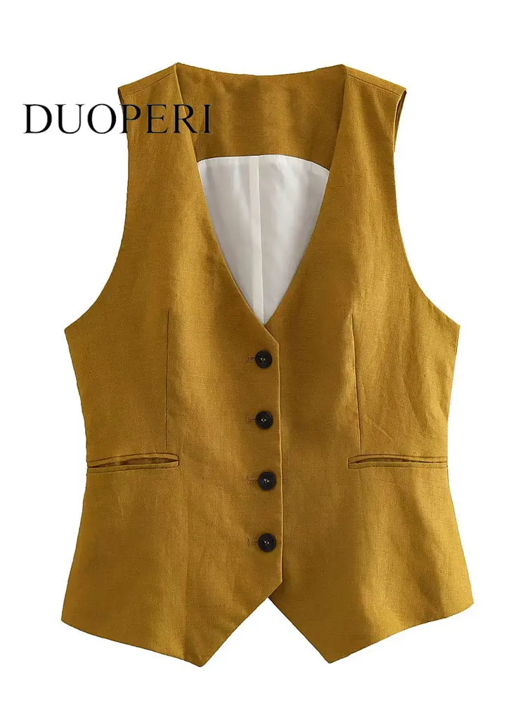 

DUOPERI Women Fashion Solid Single Breasted Vest Waistcoat Vintage V-Neck Sleeveless Female Chic Lady Tank Tops