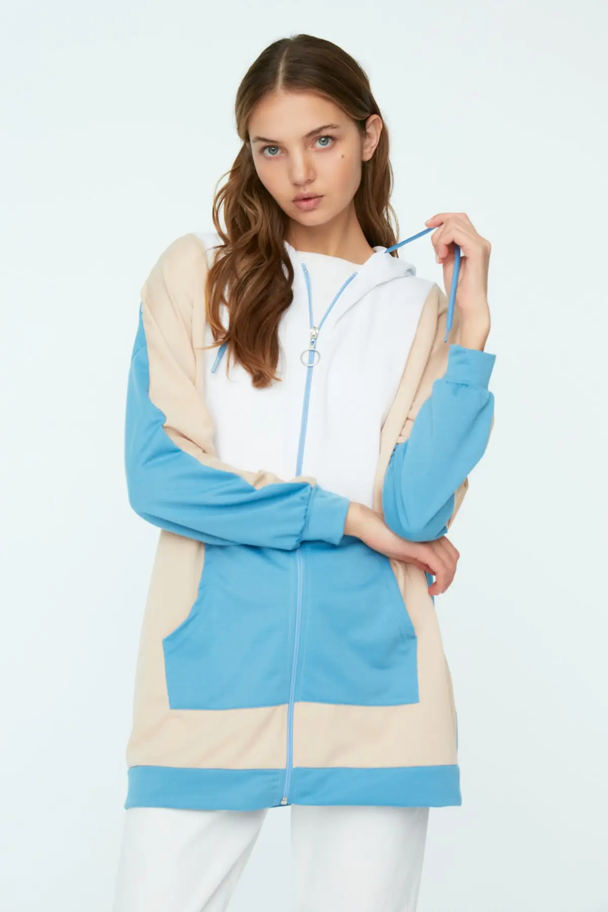 

Women's Sweatshirt Blue Hooded Color Block Kangaroo Pocket Knitted Hoodies Fashion All Season New Pullovers Fleece lovers Fleece