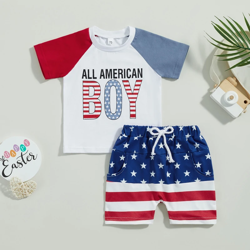 

Летняя одежда для маленьких мальчиков, футболка с коротким рукавом и буквенным принтом на День независимости и повседневные эластичные шорты в полоску со звездами, комплект на возраст 0-3 года