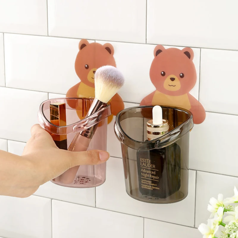 

Bear Wall Mounted Toothbrush Holder Free Punch Cups Storage Rack Bathroom Supplies Comb Toothpaste Organizer Bathroom Accessory