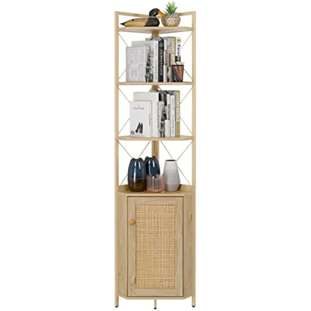 Finnhomy Corner Shelf with Cabinet, 71 Inches Multipurpose Corner Cabinet with Rattan Decorated Doors, Corner Storage Shelves