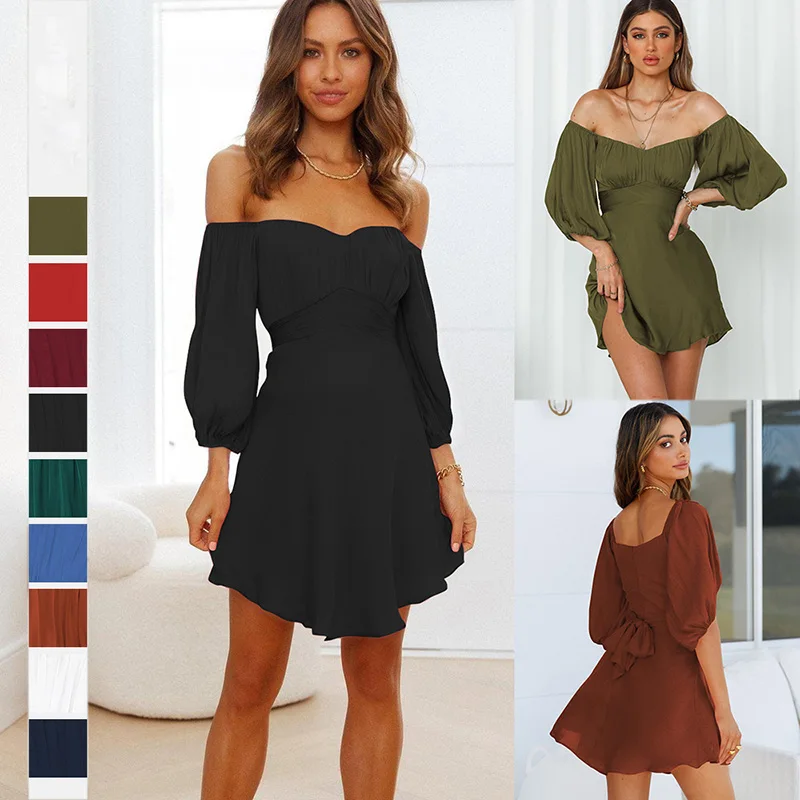 

Summer Fashion Dresses Women Solid Slash Neck Lantern Sleeve One Piece Dress Ladies Sexy Streetwear S-XL