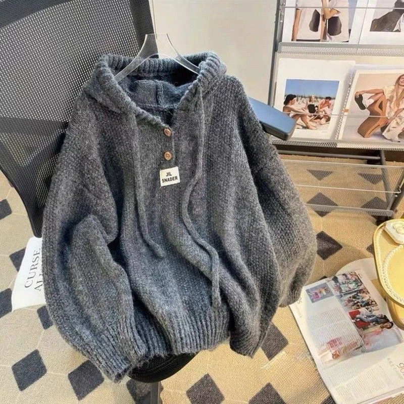 Осень-зима свободный свитер с капюшоном женский мягкий восковой вязаный джемпер