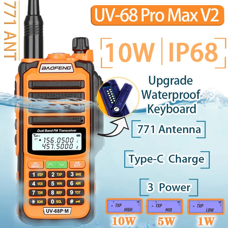 2022 New Baofeng UV-68 Pro MAX Waterproof  IP68 Walkie Talkie High Power CB Ham UHF VHF Long Range Upgrade Of UV9R Two Way Radio