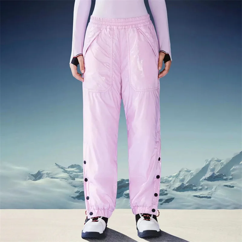 

Женские лыжные штаны, новинка зимы 2023, корейские модные облегающие плотные теплые женские брюки y2k 90, штаны с наполнителем из белого утиного пуха