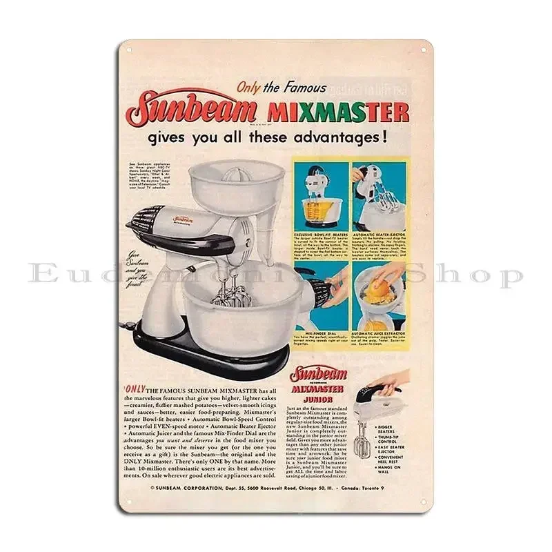 Фото Винтажная металлическая табличка Sunbeam Mixmaster с рекламным изображением, персонализированная, для гаража, гостиной, паба, жестяная вывеска-постер №2