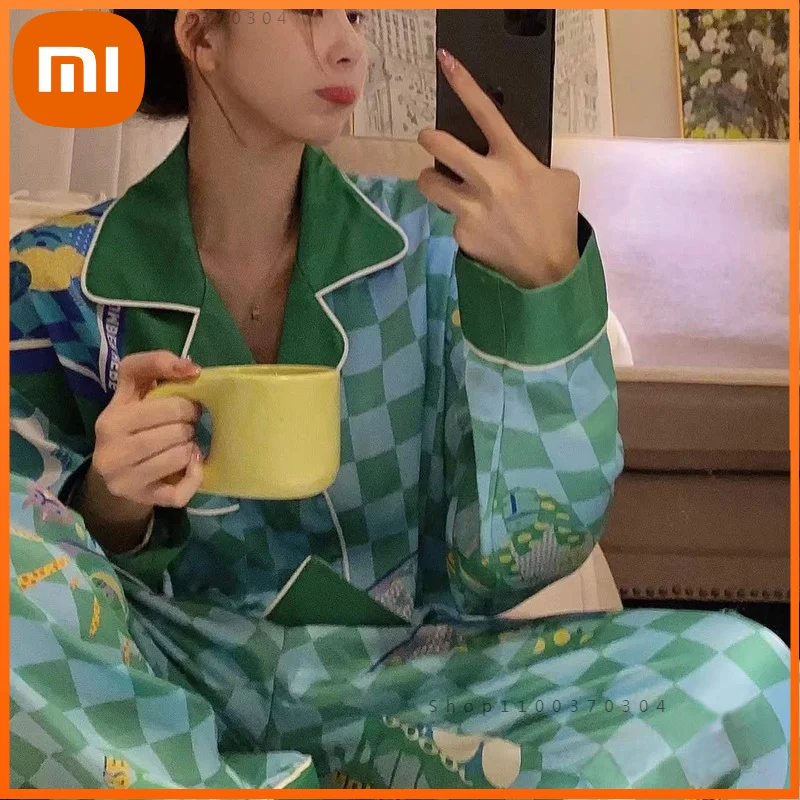 

Xiaomi Checked Pajamas Green Cardigan For Women Summer Designer Clothes Trouser Suits Sleepwear Nightgown Negligee Underwear