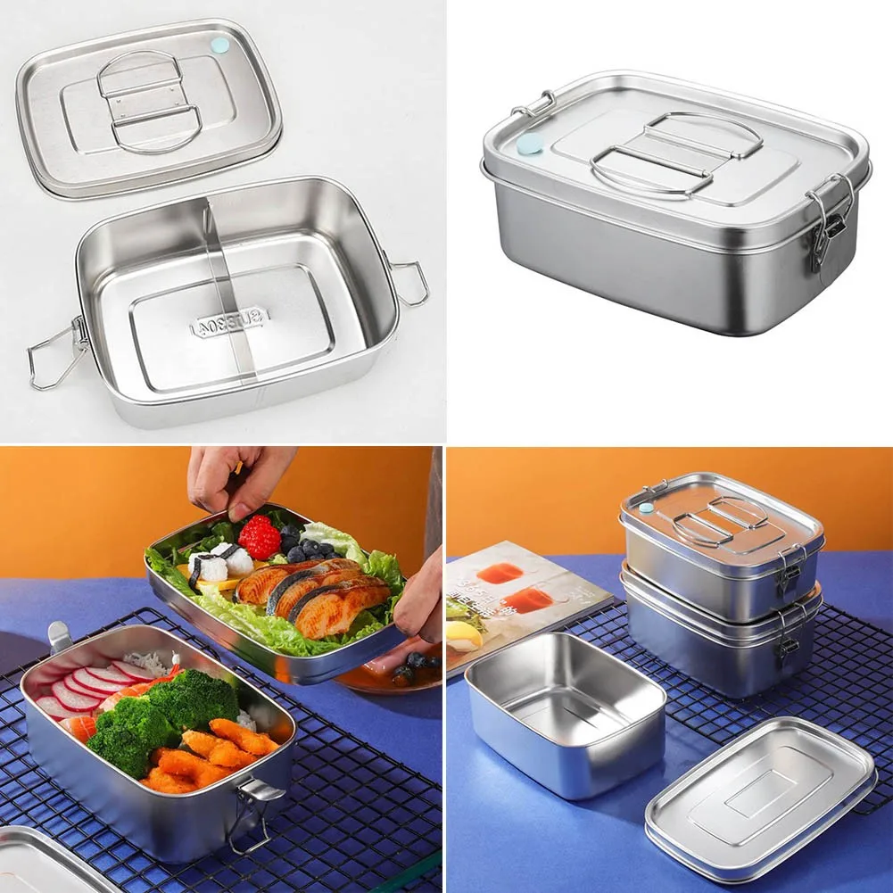 

1PC Silver Stainless Steel Lunch Breakfast Box 18x13x6.5cm Removable Compartment With Compartments For Office School Picnic
