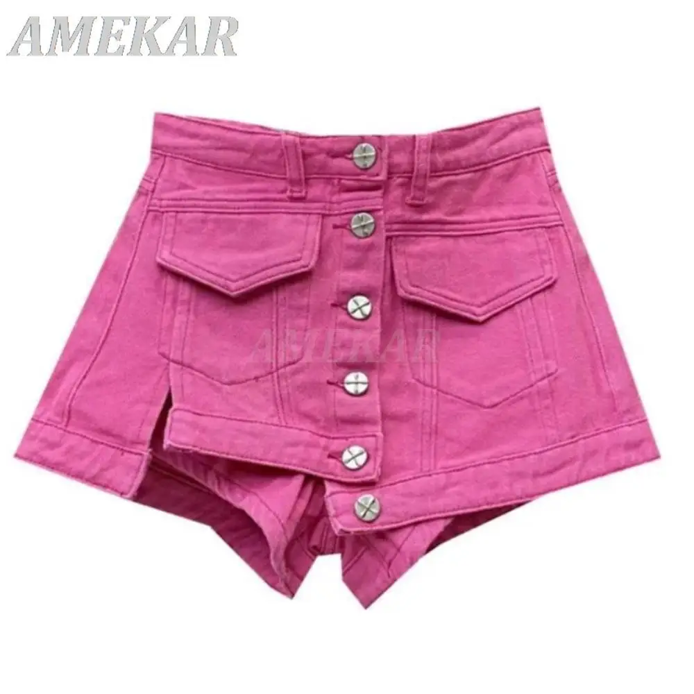 Women's Solid Jean Hot Pants Fake 2-Pieces High Waist A-line Denim Shorts Streetwear Gothic Lady Summer Pocket Chic Short Jeans