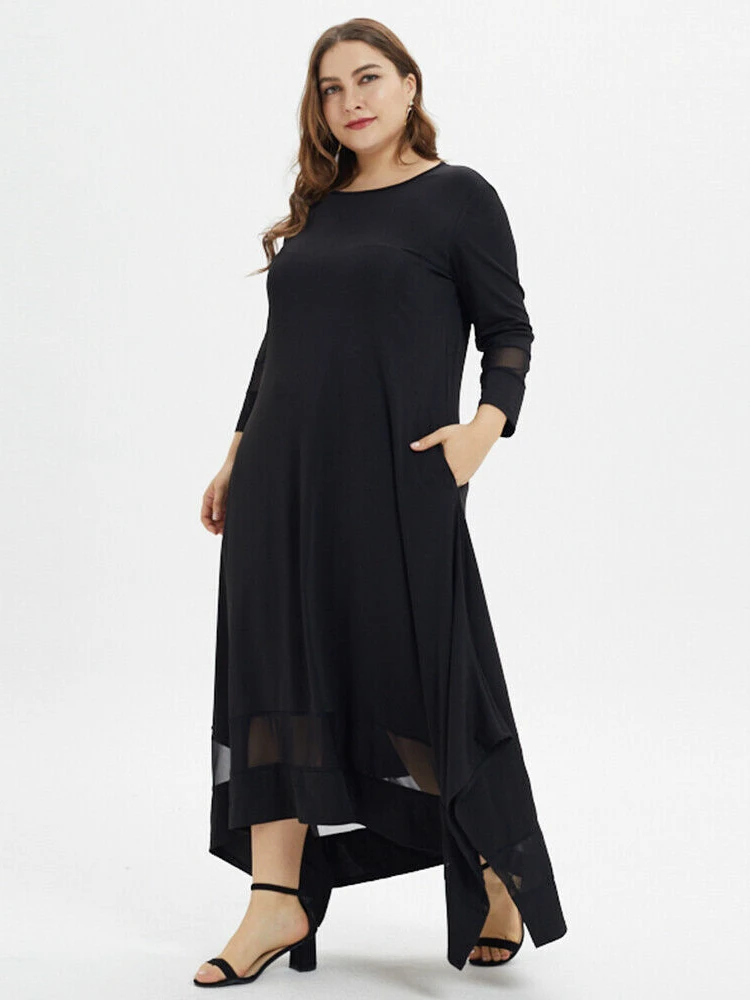 New best-selling plus-size women seven-point sleeve mesh crewneck splicing slit Muslim plus size dresses