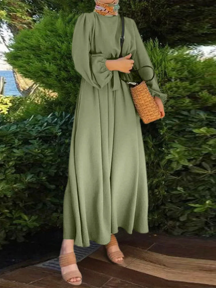 

ZANZEA Muslim Solid Color Sundress Women Vintage Dress Autumn Full Sleeve O-Neck Dresses Elegant Causal Ramadan Abaya Hijab Robe