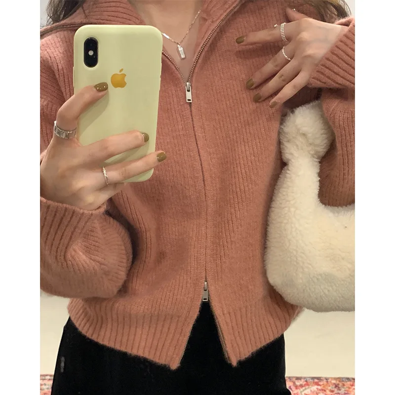 

Женский свитер-куртка на молнии, свободный утепленный Вязаный топ с лацканами, верхняя одежда на осень и весну