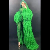 green shining rhinestones long sleeve high neck feathers coat sex women jumpsuits fashion show stage nightclub costumes