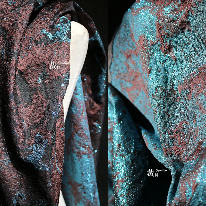 

Texture Gilding Blue Vintage Copper Metal Shiny Double-Sided Fabric Jacquard Profile Coat Designer Cloth