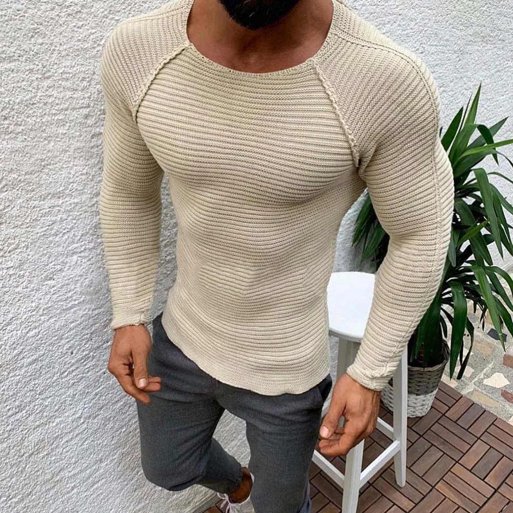 

Мужской трикотажный свитер с длинным рукавом и круглым вырезом