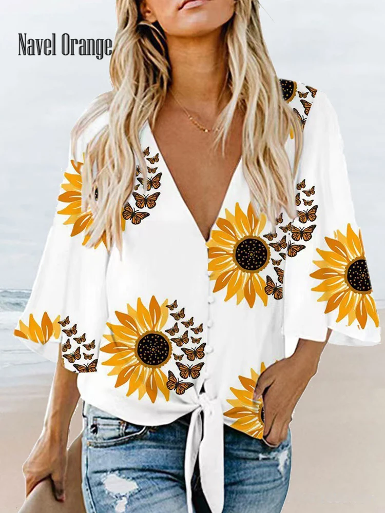 

Women Loose Printing Half Sleeve Top Blouse Summer Deep V-Neck Casual Ladies Shirts Loungewear Streetwear Cardigan Sweatshirts