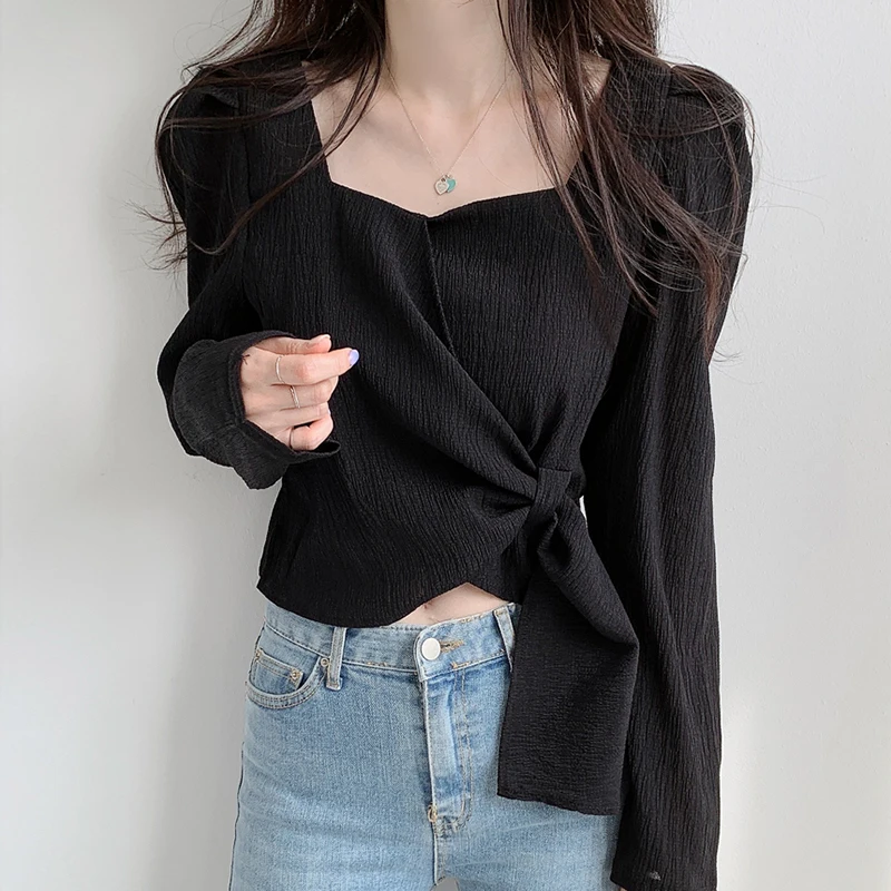 

Vintage Autumn Chic Femme Blouses Irregular Long Sleeve Square Collar Drawstring Woman Shirts Tops Korean Fashion Women Blusas