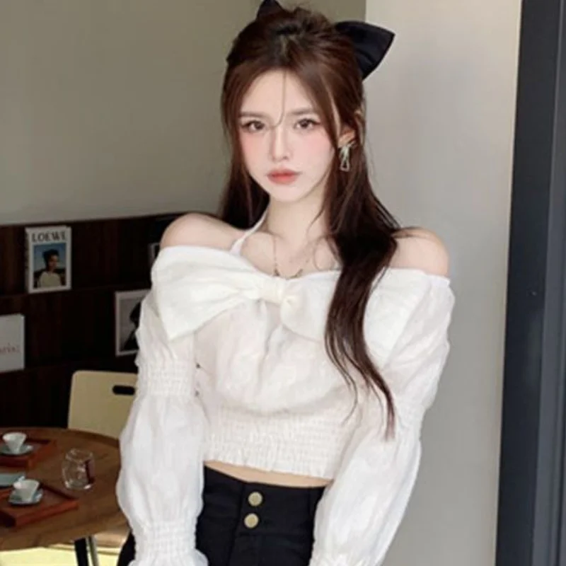 Блузки женские с рукавами-фонариками и бантом белые однотонные милые девичьи